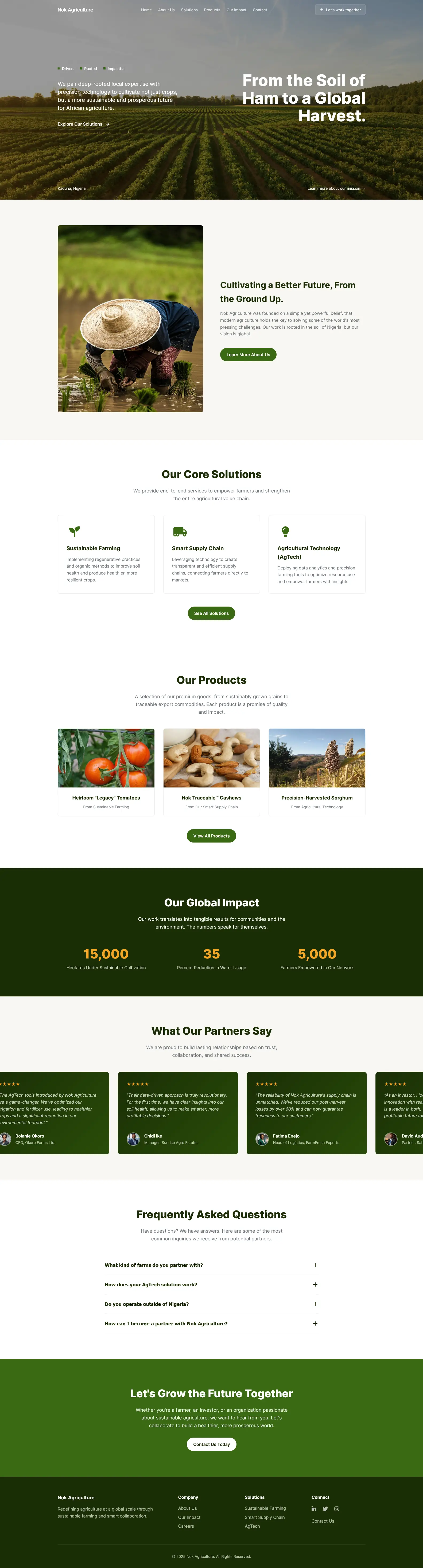 Screenshot of Nok Agriculture prototype homepage showing modern agriculture solutions and design layout